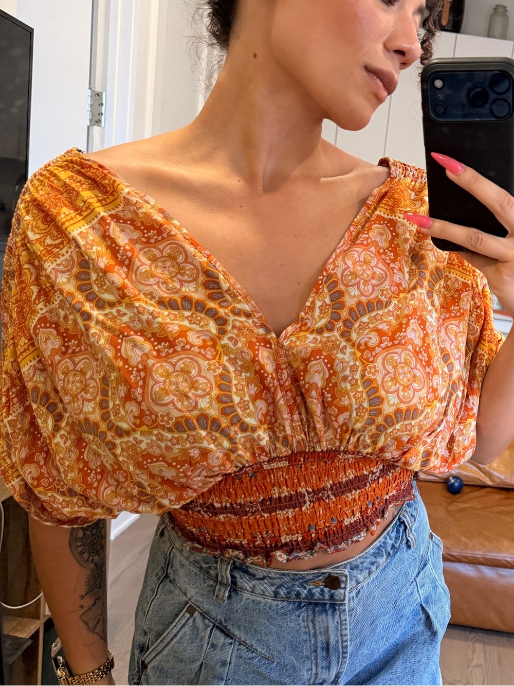 Rachel Zoe Orange Paisley Smocked Crop Top